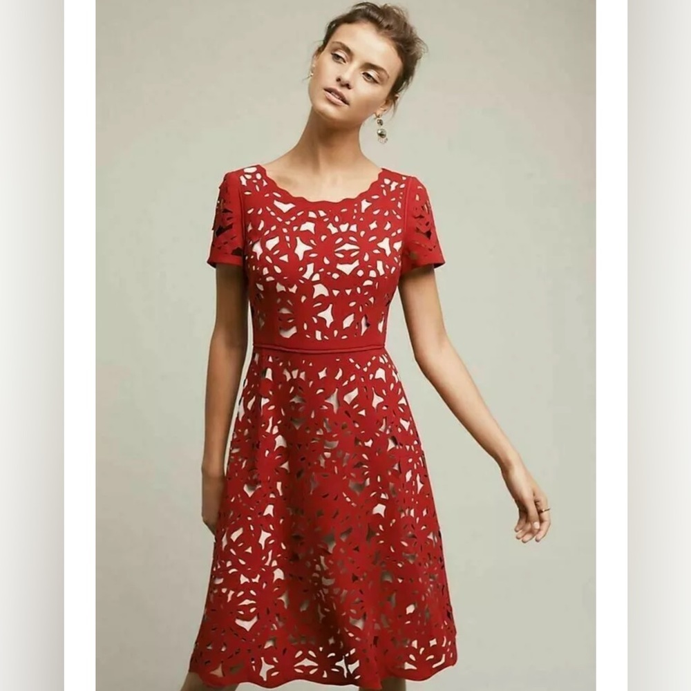 Anthropologie Moulinette Sœurs Aliz red laser cut dress, size 6